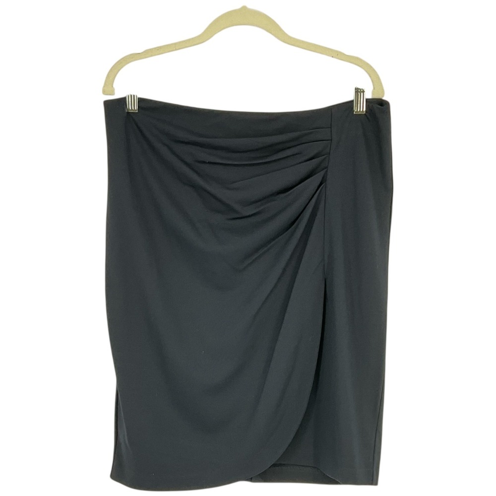 J McLaughlin Black Ruched‎ Drape Midi Skirt Sz 12 Business Casual Festive Luxury